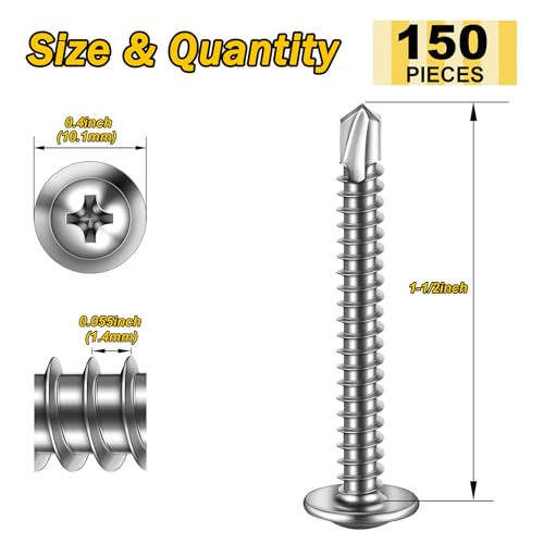 Mywish 150pcs #8×1-1/2" Self Tapping Screws for Metal, 410 Stainless Steel Sheet Metal Screw, Truss Head Self Drilling Screws High-Strength Quick Tapping Screw - color: Silver, size: #8x1-1/2" (150 pcs)