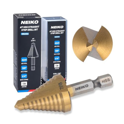 NEIKO 10620A Step Drill Bit, 1 Step 7/8" Straight High Speed Steel, Titanium Nitride Coated, 1/4" Quick Change Step Bits for Steel, Metal, Wood, Plastic, Unibit Cone Drill Bits, Two Flute - size: #7 (7/8", 1S), style: Straight