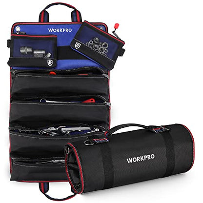 WORKPRO Roll Up Tool Bag, Tool Roll Organizer with 4 Pockets & 2 Pouches - color: Black