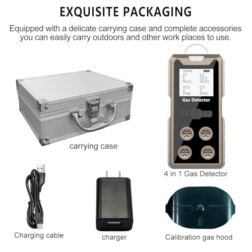 Aluminum Alloy Portable 4 Gas Detector, 4 in 1 Multi Gas Monitor Tester，H2S,O2,CO and EX Rechargeable LCD Display Gas Sniffer Alarm，Gas Clip Sound Light Shock Alarm (Grey) - color: Grey