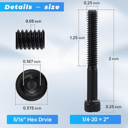Glvaner 1/4"-20 x 2 (12 pcs) Socket Head Cap Screws, 12.9 Grade Alloy Steel, Black Oxide Finish, Partial Thread UNC, Allen Hex Drive - size: 1/4-20 x 2"