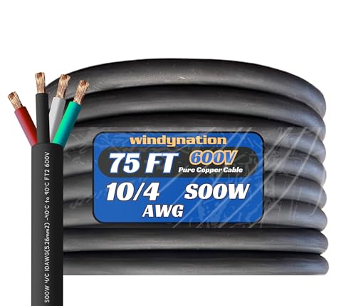 10/4 75 Feet 10 AWG SOOW SO Cable Cord Wire - 10 Gauge 4 Conductor 600V Portable Power Extension Cord Cable for, Motor Leads, Portable Lights, and Battery Chargers - style: 75