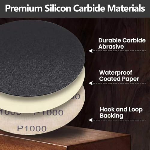 50Pcs 5 Inch Hook & Loop Sanding Discs, 1000 1500 2000 3000 5000 Grit Assortment Wet Dry Silicon Carbide Sandpaper for Automotive Wood Metal Polishing