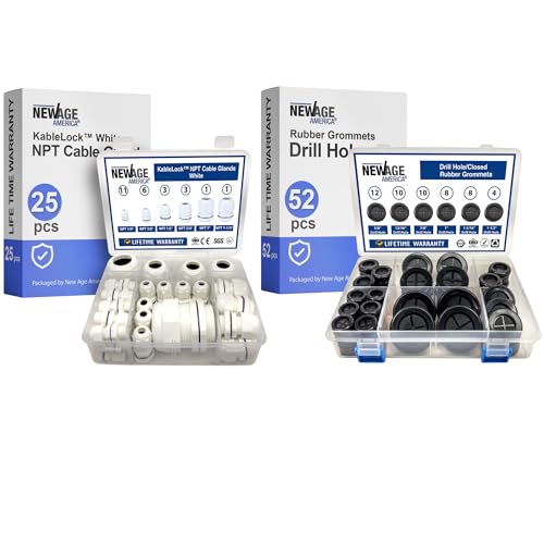 New Age America® KableLock™ 25pcs NPT Cable Glands | 52pcs Rubber Grommet Plugs | Gray | 5/8 Inch to 1-1/2 Inch | 1/4" to 1-1/4" | Closed Rubber Grommets | Nylon Cord Grip | IP68 Rated | with Box