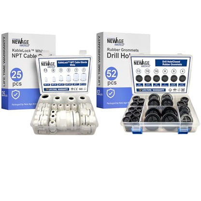 New Age America® KableLock™ 25pcs NPT Cable Glands | 52pcs Rubber Grommet Plugs | Gray | 5/8 Inch to 1-1/2 Inch | 1/4" to 1-1/4" | Closed Rubber Grommets | Nylon Cord Grip | IP68 Rated | with Box