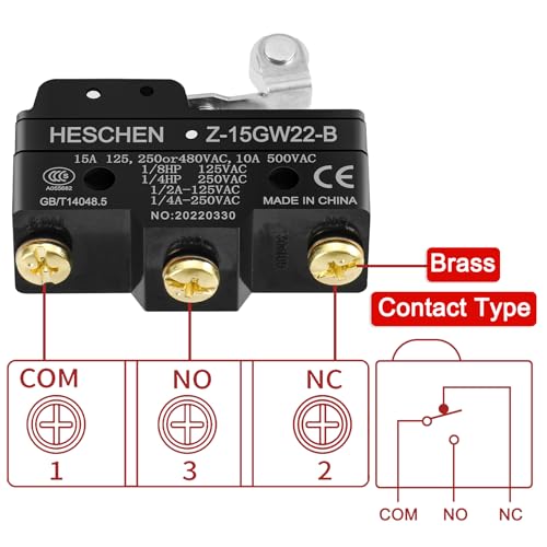Heschen Micro Switch, Z-15GW22-B, Short Hinge Roller Lever, 3 Screw Terminal, 15A Rated Current