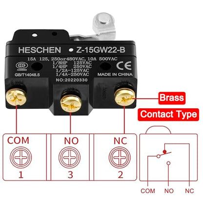 Heschen Micro Switch, Z-15GW22-B, Short Hinge Roller Lever, 3 Screw Terminal, 15A Rated Current
