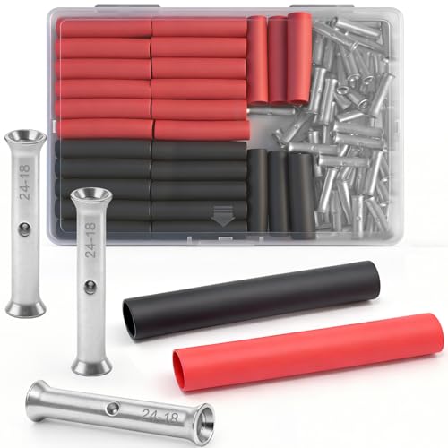 SVAAR 24-18 Gauge Flared Barrel Butt Splice Connectors Kit 100PCS 24-18 AWG Non-Insulated Butt Connectors Tinned Copper Flared Compression Butt Splices Crimp Butt Terminals+100PCS 3:1 Heat Shrinks - color: Tinned Copper