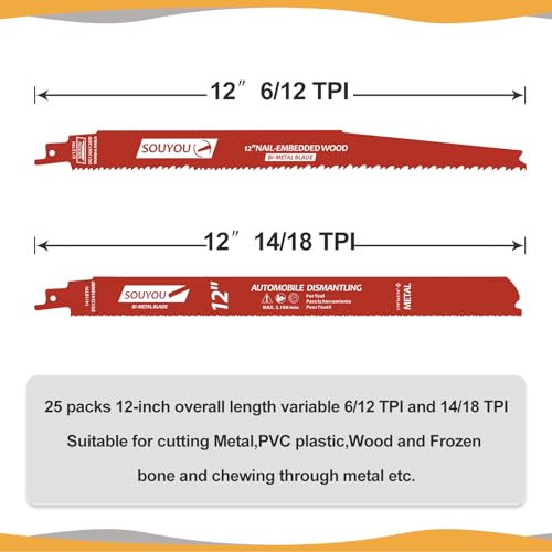 25 Pack 12 Inch 6/12 Tpi Reciprocating Saw Blades Bi-Metal with Perma-Shield Coating Stud and Nail Saw-zall Blades Saw-zall Blades for Cutting Embedded Wood Metals PVC Pallets etc - size: 6/12 Tpi