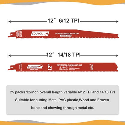 25 Pack 12 Inch 6/12 Tpi Reciprocating Saw Blades Bi-Metal with Perma-Shield Coating Stud and Nail Saw-zall Blades Saw-zall Blades for Cutting Embedded Wood Metals PVC Pallets etc - size: 6/12 Tpi