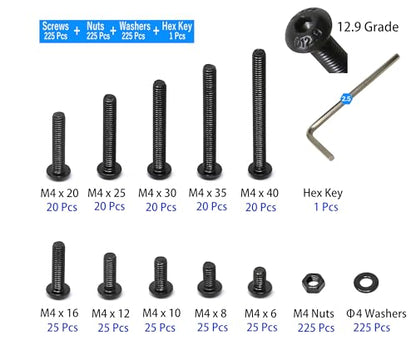 iexcell 675 Pcs M4 x 6/8/10/12/16/20/25/30/35/40 Alloy Steel 12.9 Grade Hex Socket Button Head Cap Screws Bolts Nuts Washers Assortment Kit, Black Oxide Finish - size: M4 x 6/8/10/12/16/20/25/30/35/40mm