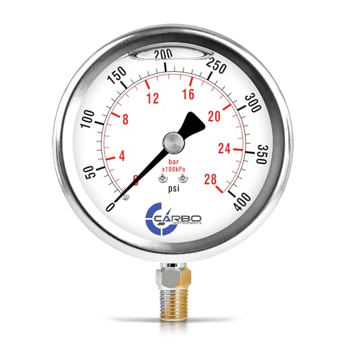Carbo 400 PSI Liquid Filled Pressure Gauge with NIST Traceable Certificate, Calibrated in USA Lab, 4" Dial, 1/4 NPT Lower Mount, ASME Grade A, 304 SS Case, Brass Wetted Parts, PSI/Bar - size: 0-400 Psi, style: NIST TRACEABLE