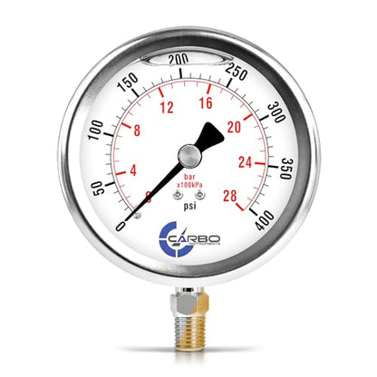 Carbo 400 PSI Liquid Filled Pressure Gauge with NIST Traceable Certificate, Calibrated in USA Lab, 4" Dial, 1/4 NPT Lower Mount, ASME Grade A, 304 SS Case, Brass Wetted Parts, PSI/Bar - size: 0-400 Psi, style: NIST TRACEABLE