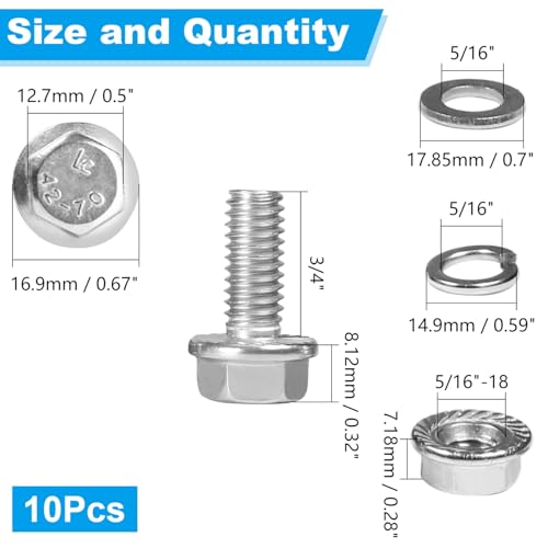 10 Sets 5/16-18 x 3/4" Flanged Hex Head Bolts Kits - size: 5/16-18 x 3/4"