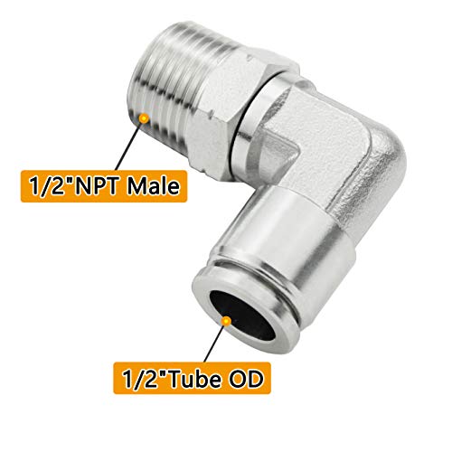 Beduan Push to Connect Fitting Elbow, 1/2" Tube OD x 1/2" NPT Male 90 Degree Elbow Adapter 304 Stainless Steel Air Union Fitting (Pack of 5) - size: 1/2"Tube OD-1/2"NPT, style: 5Pcs