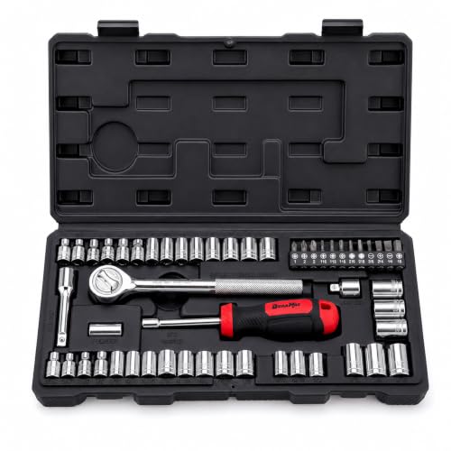 DuraMax Socket Set, 54-Piece Mechanic Tool Set with 1/4 & 3/8 Inch Drive SAE & Metric Sockets, Ratchet Wrench, Torx & Hex Bit Set, Extension Bar, Adapter and Storage Case