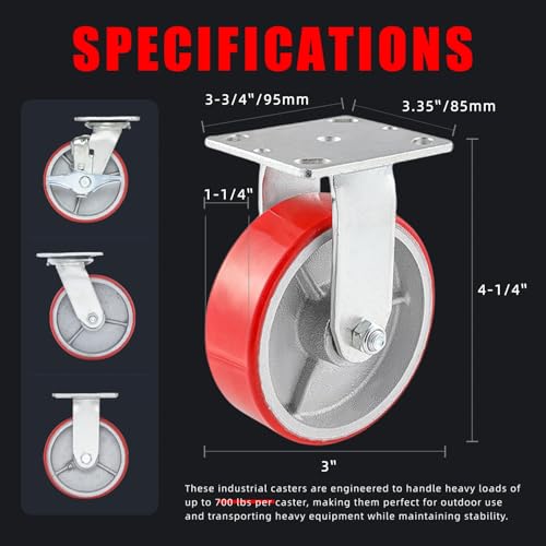 3"x2" Industrial Casters- Heavy Duty Casters,Polyurethane on Aluminum Casters Set of 4 - Loading Capacity up to 2800LB.Use for workbenches, Machines,Equipment (3inch Swivel and Rigid)