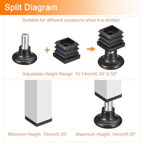 uxcell 8Pcs Inserts for Square Tubes with Leveling Feet, 0.79"x0.79" OD - size: 0.79"x0.79"
