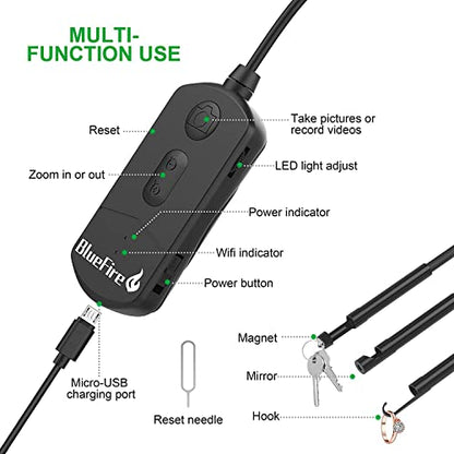BlueFire 4.9FT 1080P Wireless Endoscope Camera, 2MP WiFi Borescope - size: 4.9FT