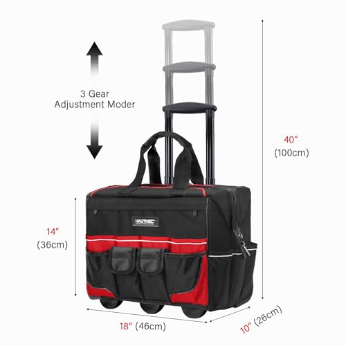HAUTMEC 18" Rolling Tool Bag with Wheels, Heavy-Duty Water-Resistant Tool Bag Organizer with 23-Pocket, Wide-Mouth Design, Oversized Wheels & Telescoping Handle - HT0059 - color: 18-Inch | Black
