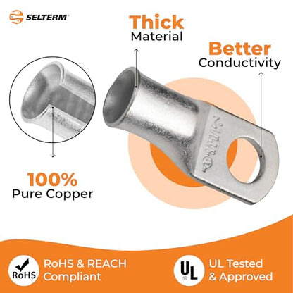 SELTERM 10pcs, 1/0 Awg, 3/8" Stud Marine Grade Tinned Copper Battery Lugs - color: Tinned Copper Lugs + Heat Shrinks, size: 1/0 Awg - 3/8" (M10) Ring