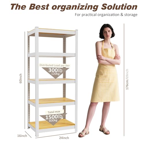 5 Tier Storage Shelves White Metal Garage Shelving 24"W x 16"D x 60"H - size: 24" W x 16" D x 60" H