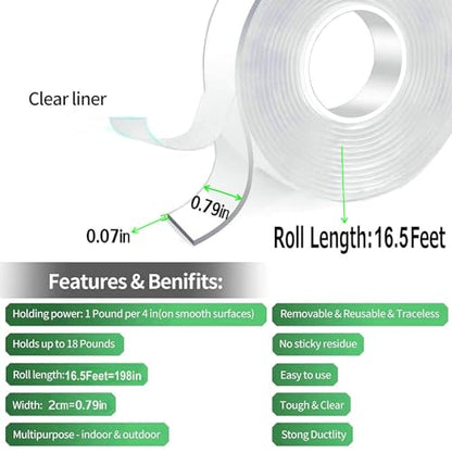 Jwxstore Heavy Duty Invisible Bond Nano Double Sided Mounting Tape, 16.5FT - size: 0.79 Inch x 196 Inch
