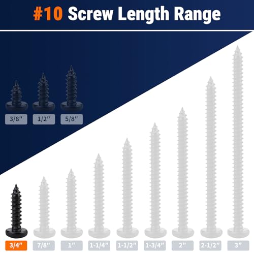 #10 x 3/4" (50 Pack) Stainless Steel Pan Head Self Tapping Screws, 304 SS (18-8) Black Coated, Phillips Drive Round Head Corrosion Resistant Screws for Wood & Sheet Metal - size: #10 x 3/4"