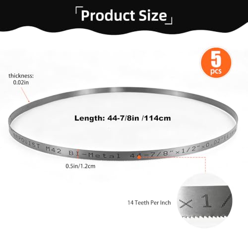 44-7/8 inch Portable Bandsaw Blades 14 TPI, 44-7/8" x 1/2" x .020" Replacement for Milwaukee 48-39-0511, DeWalt DW3982 Portable Band Saw, 5 Pack - size: 44-7/8" x 1/2" x .020", 14 TPI, 5-Pack