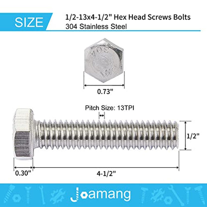 1/2-13 x 4-1/2" Hex Head Bolts, Stainless Steel 304, Hexagon Head Screws, UNC Coarse Thread, Bright Finish, Fully Threaded, Quantity 2 - size: 1/2-13 x 4-1/2"(2 PCS)