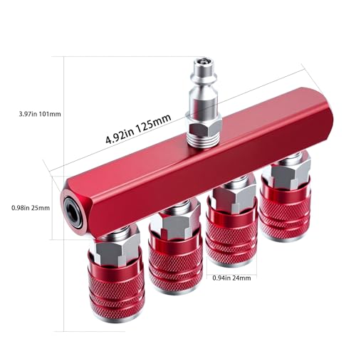 4-Way Air Manifold 1/4 Inch Air Hose Splitter Industrial Connect Fitting 4 Couplers Plug Red - color: Red