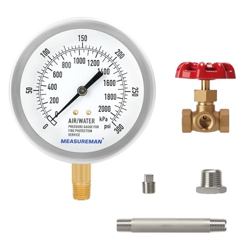 MEASUREMAN 3.5" Fire Sprinkler Pressure Gauge Kit, 0-300 PSI/kPa, 1/4" NPT - size: 0-300psi&3-Way Valve&Pipe Fittings
