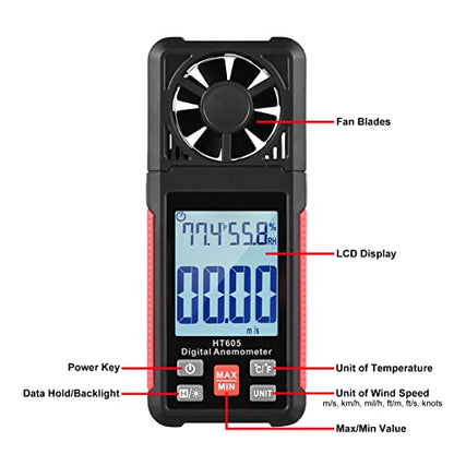 HT605 Digital Anemometer, Handheld Wind Gauges Wind Speed Meter with Big Backlight LCD Screen, Air Flow Meter for Sailing Surfing Drone Flying RC Plane Golf Shooting HVAC