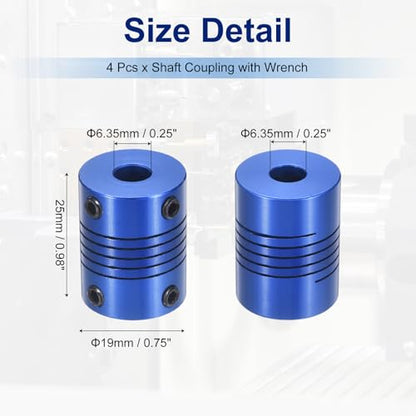 Flexible Shaft Coupling(6.35mm|6.35mm): 4 Pcs Blue Aluminum Alloy - color: Blue, size: 6.35mm x 6.35mm (19mm OD, 25mm L)