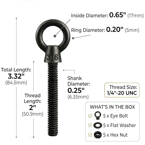 5 Pack Black Eye Bolts 1/4" x 2 Inch with Nuts & Washers, Heavy Duty T316 Stainless Steel Shoulder Eye Bolt, Right Hand Threaded Lifting Eyebolt for Outdoor, Marine Rigging & Wood - size: 1/4'' x 2inch