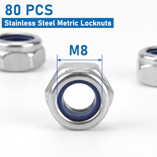 80 Pack 304 A2-70 M8 Nylon Lock Nuts - color: Silver, size: M8