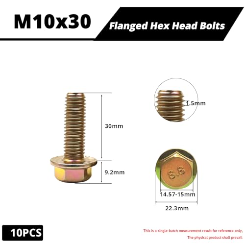 M10-1.5 x 30mm Flanged Hex Head Bolts, Flange Hexagon Head Screws, 8.8 Grade Alloy Steel, Yellow Zinc Plated, Fully Threaded Metric Screws, 10 Pack - size: M10x30mm (10PCS)