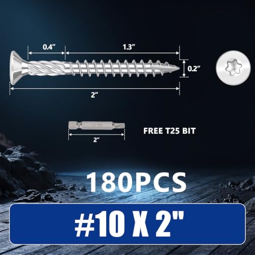 #10x2inch Stainless Steel Deck Screws 180 PCS Wood Screws with T25 Star Bit - size: #10*2"-180pcs