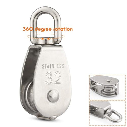 6 Pcs M32 Single Pulley Black Loading 440 lbs, STARVAST Stainless Steel Heavy Duty Swivel Lifting Rope Pulley Block 32mm Pulley Roller - size: M32-6PCS