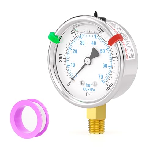 0-1000PSI Stainless Steel Liquid Filled Pressure Gauge, 2.5" Dial Size, 1/4" NPT Lower Mount, for Tube, Water Pump, Gas, Liquid, Pressure Test (with Range Mark Pointer) - size: 0-1000Psi