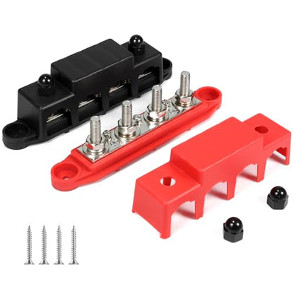 Heart Horse Bus Bar 12V-48V 250A Power Distribution Block 4 x 3/8"(M10) Heavy Duty Studs Terminal Marine 12V Battery Bus Bar Junction Block for Automotive,Car,RV,Boat,Solar Wiring (Red+Black) - size: 3/8''