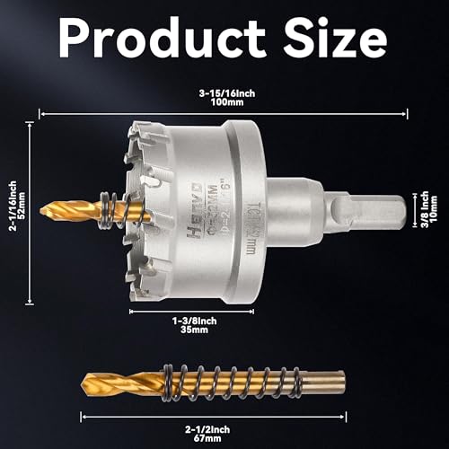 Hole Saw 2-1/16" (52mm) Heavy Duty Carbide with 2 Pilot Drill Bits - Metal Hole Cutter Cuts Stainless Steel, Iron, Copper, Brass, Plastic - size: 52mm|2-1/16"