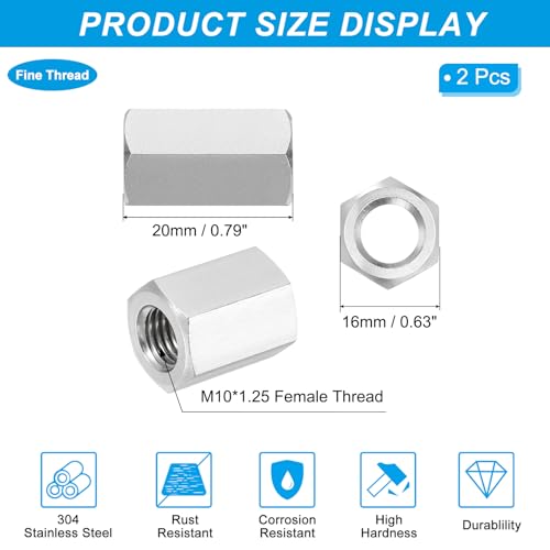 PATIKIL M10x1.25 Pitch 304 Stainless Steel Hex Coupling Nuts, 2 Pcs 20mm / 0.79" Length Fully Threaded Rod Coupling Nut Studding Connector Fasteners, Silver Tone - size: M10-1.25 x 20mm