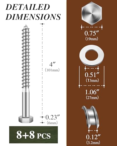 (2Box) 3/8" x 4" Hex Head Lag Screws Bolts with Flat Washers, 16Sets 304 Stainless Steel 18-8 Heavy Duty 3/8 Lag Bolts for Wood with Hex Socket - size: 3/8" x 4", style: 2-Box