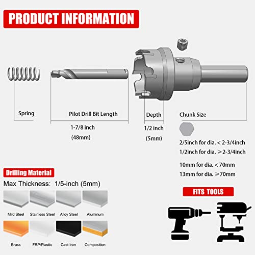 EZARC Carbide Hole Saw Heavy Duty, Hole Cutter for Stainless Steel, Sheet Metal 1-7/8" 48mm - size: 1-7/8" | 48mm, style: Single Pack