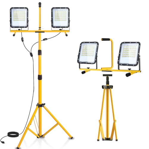 24000 Lumen LED Work Lights with Stand - 2 Head LED Tripod Work Light- IP65 Waterproof Work Lights on Stand for Outdoor Indoor Job Site Workshop Garage Commercial Flood Light with Stand