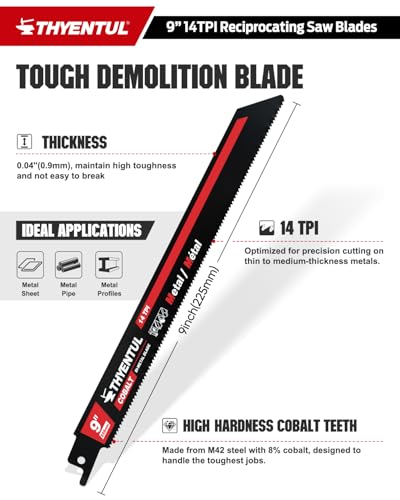 10 Pack 9 Inch 14TPI Reciprocating Saw Blades,M42 Teeth with 8% Cobalt Bi-Metal Sawzall Blades,for Pipe, Sheet Metal, Steel Demolition and PVC Pipe