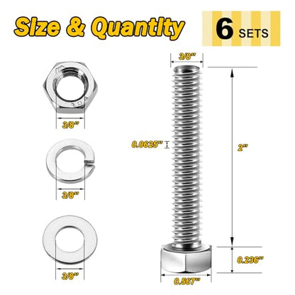 Mywish (6 Sets) 3/8-16x2 Hex Head Nuts and Bolts with Flat & Lock Washers, 304 Stainless Steel 18-8, Fully Threaded, 3/8 Bolts, Hex Bolts Metric Bolt Assortment - size: 3/8-16 x 2 (6 set)