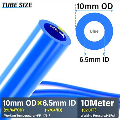 TAILONZ PNEUMATIC Blue 10MM Inch OD 10 Meter 32.8ft PU Polyurethane Air Tubing Kit Pipe Hose Air Line Tubing Air Hose Fittings Push to Connect Fittings(29PCS) - color: Blue, size: 25/64" OD - 32.8 FT
