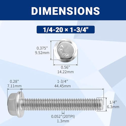 20pcs 1/4-20 x 1-3/4" Flange Hex Head Bolts (Non-Serrated), 304 SS - size: 1/4-20 x 1-3/4